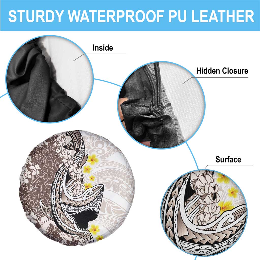 Brown and White Hawaii Shark Tattoo Spare Tire Cover Puakenikeni Lei Plumeria Polynesian Pattern - Polynesian Pride