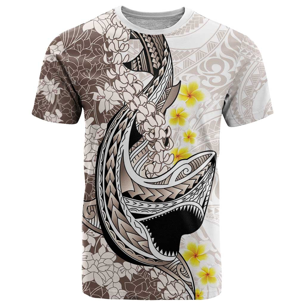 Brown and White Hawaii Shark Tattoo T Shirt Puakenikeni Lei Plumeria Polynesian Pattern - Polynesian Pride