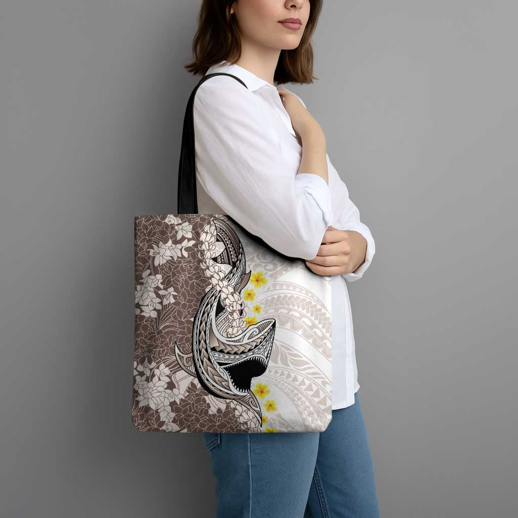 Brown and White Hawaii Shark Tattoo Tote Bag Puakenikeni Lei Plumeria Polynesian Pattern - Polynesian Pride