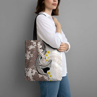 Brown and White Hawaii Shark Tattoo Tote Bag Puakenikeni Lei Plumeria Polynesian Pattern - Polynesian Pride