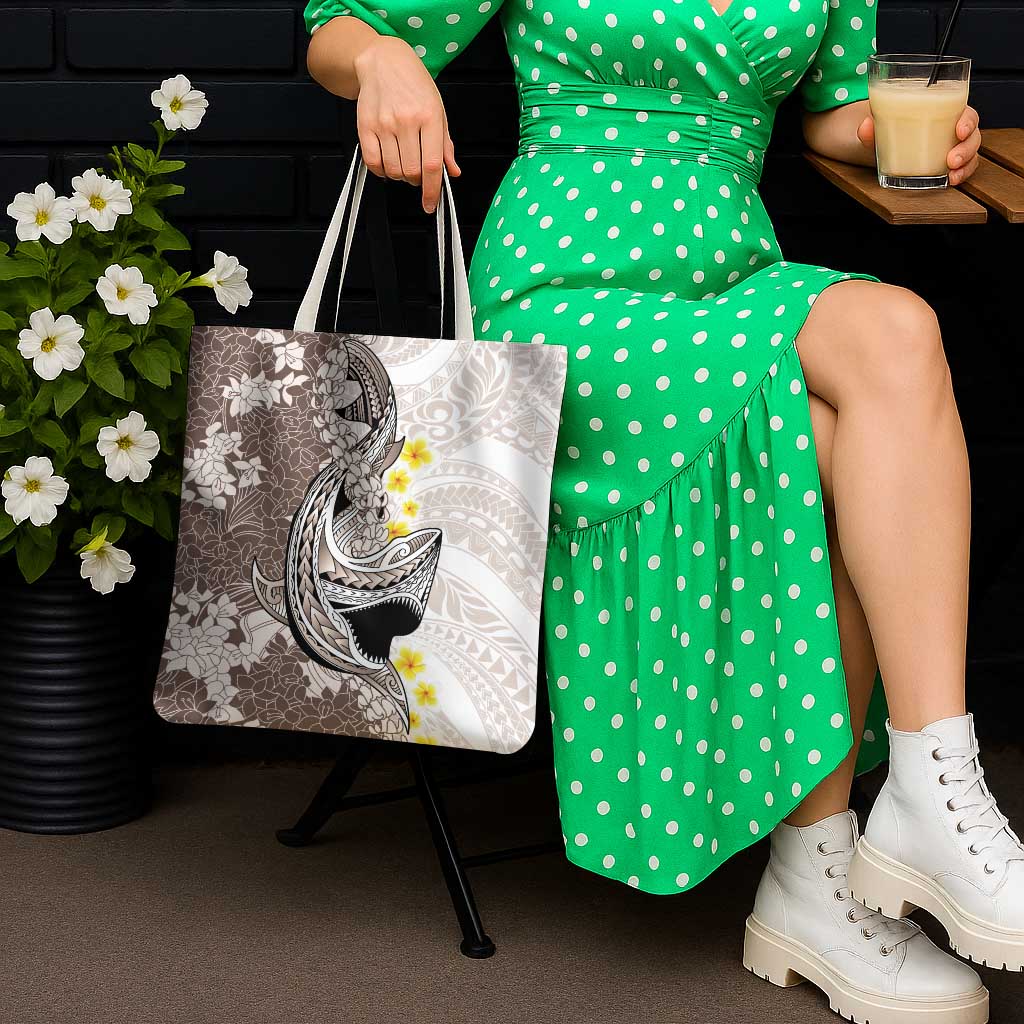 Brown and White Hawaii Shark Tattoo Tote Bag Puakenikeni Lei Plumeria Polynesian Pattern - Polynesian Pride