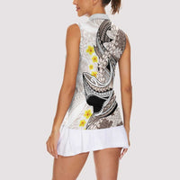Brown and White Hawaii Shark Tattoo Women Sleeveless Polo Shirt Puakenikeni Lei Plumeria Polynesian Pattern - Polynesian Pride