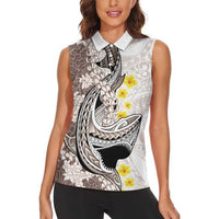 Brown and White Hawaii Shark Tattoo Women Sleeveless Polo Shirt Puakenikeni Lei Plumeria Polynesian Pattern - Polynesian Pride