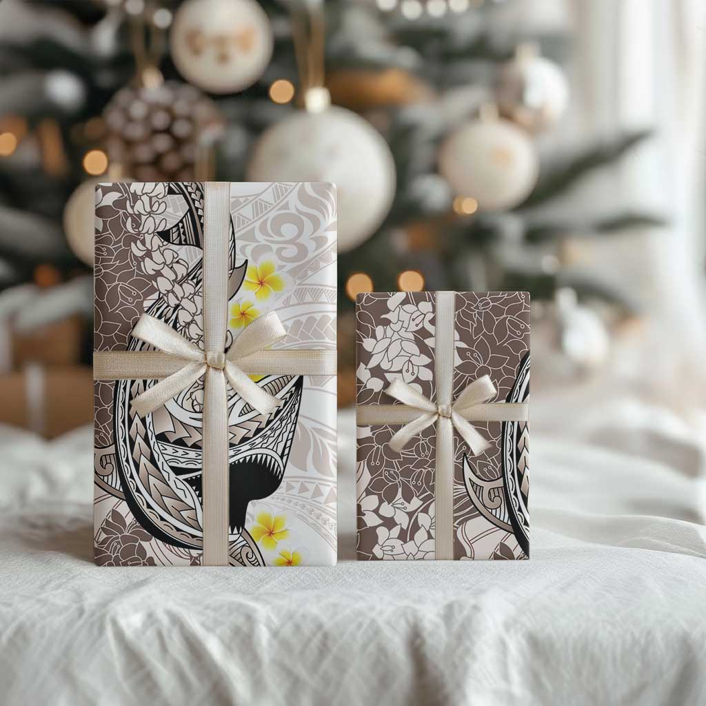 Brown and White Hawaii Shark Tattoo Wrapping Paper Puakenikeni Lei Plumeria Polynesian Pattern - Polynesian Pride