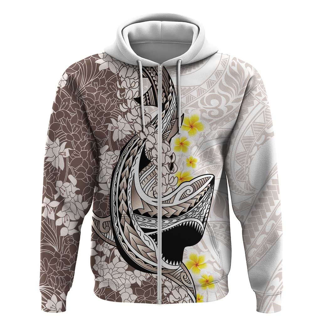 Brown and White Hawaii Shark Tattoo Zip Hoodie Puakenikeni Lei Plumeria Polynesian Pattern - Polynesian Pride