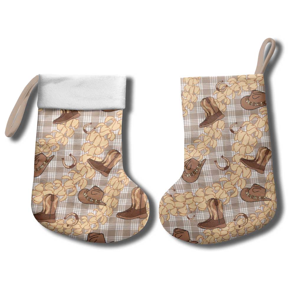 Khaki Palaka Hawaii Cowboy Christmas Stocking Puakenikeni Lei Paniolo Papale Seamless Vibes - Polynesian Pride