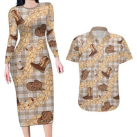 Khaki Palaka Hawaii Cowboy Couples Matching Long Sleeve Bodycon Dress and Hawaiian Shirt Puakenikeni Lei Paniolo Papale Seamless Vibes - Polynesian Pride