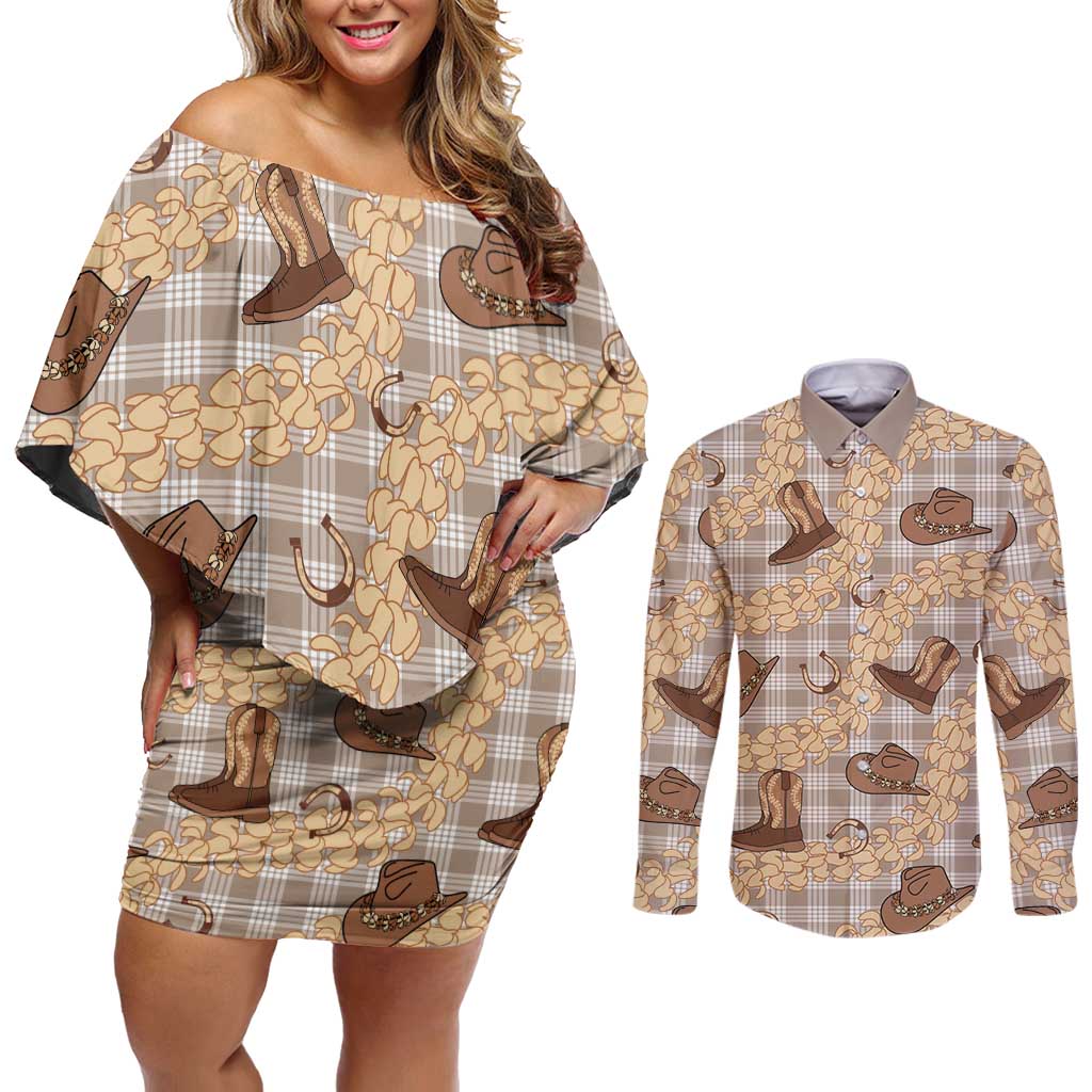 Khaki Palaka Hawaii Cowboy Couples Matching Off Shoulder Short Dress and Long Sleeve Button Shirt Puakenikeni Lei Paniolo Papale Seamless Vibes - Polynesian Pride