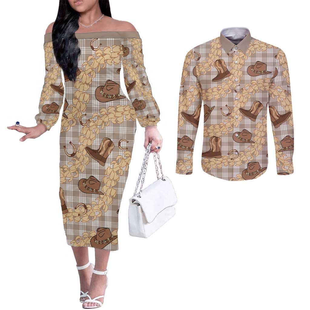 Khaki Palaka Hawaii Cowboy Couples Matching Off The Shoulder Long Sleeve Dress and Long Sleeve Button Shirt Puakenikeni Lei Paniolo Papale Seamless Vibes - Polynesian Pride