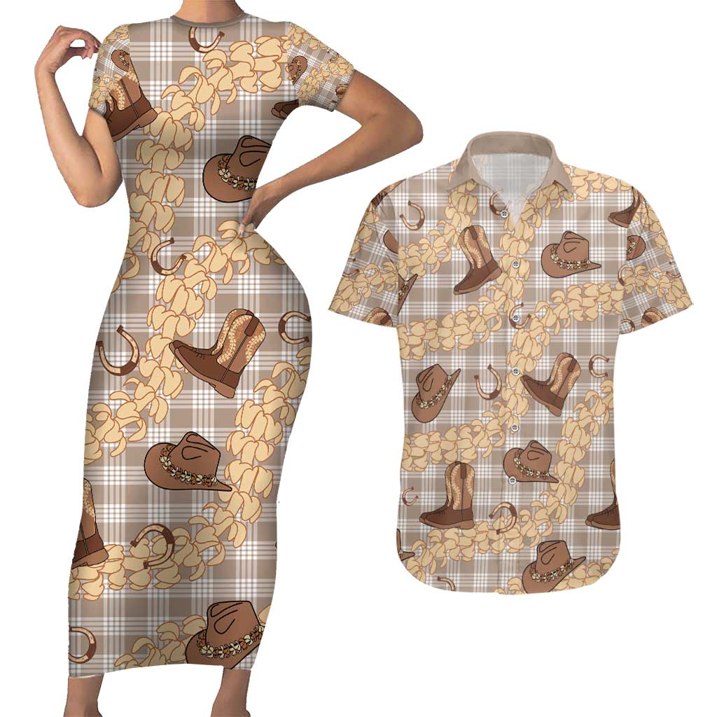 Khaki Palaka Hawaii Cowboy Couples Matching Short Sleeve Bodycon Dress and Hawaiian Shirt Puakenikeni Lei Paniolo Papale Seamless Vibes - Polynesian Pride