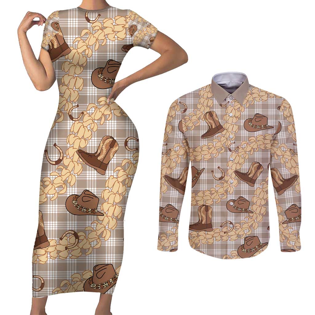 Khaki Palaka Hawaii Cowboy Couples Matching Short Sleeve Bodycon Dress and Long Sleeve Button Shirt Puakenikeni Lei Paniolo Papale Seamless Vibes - Polynesian Pride