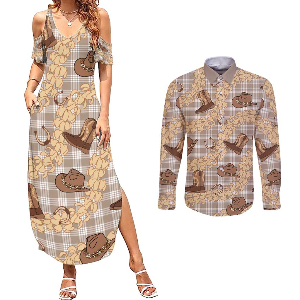 Khaki Palaka Hawaii Cowboy Couples Matching Summer Maxi Dress and Long Sleeve Button Shirt Puakenikeni Lei Paniolo Papale Seamless Vibes - Polynesian Pride