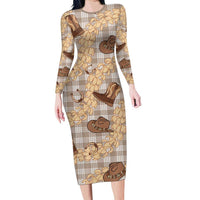 Khaki Palaka Hawaii Cowboy Family Matching Long Sleeve Bodycon Dress and Hawaiian Shirt Puakenikeni Lei Paniolo Papale Seamless Vibes - Polynesian Pride