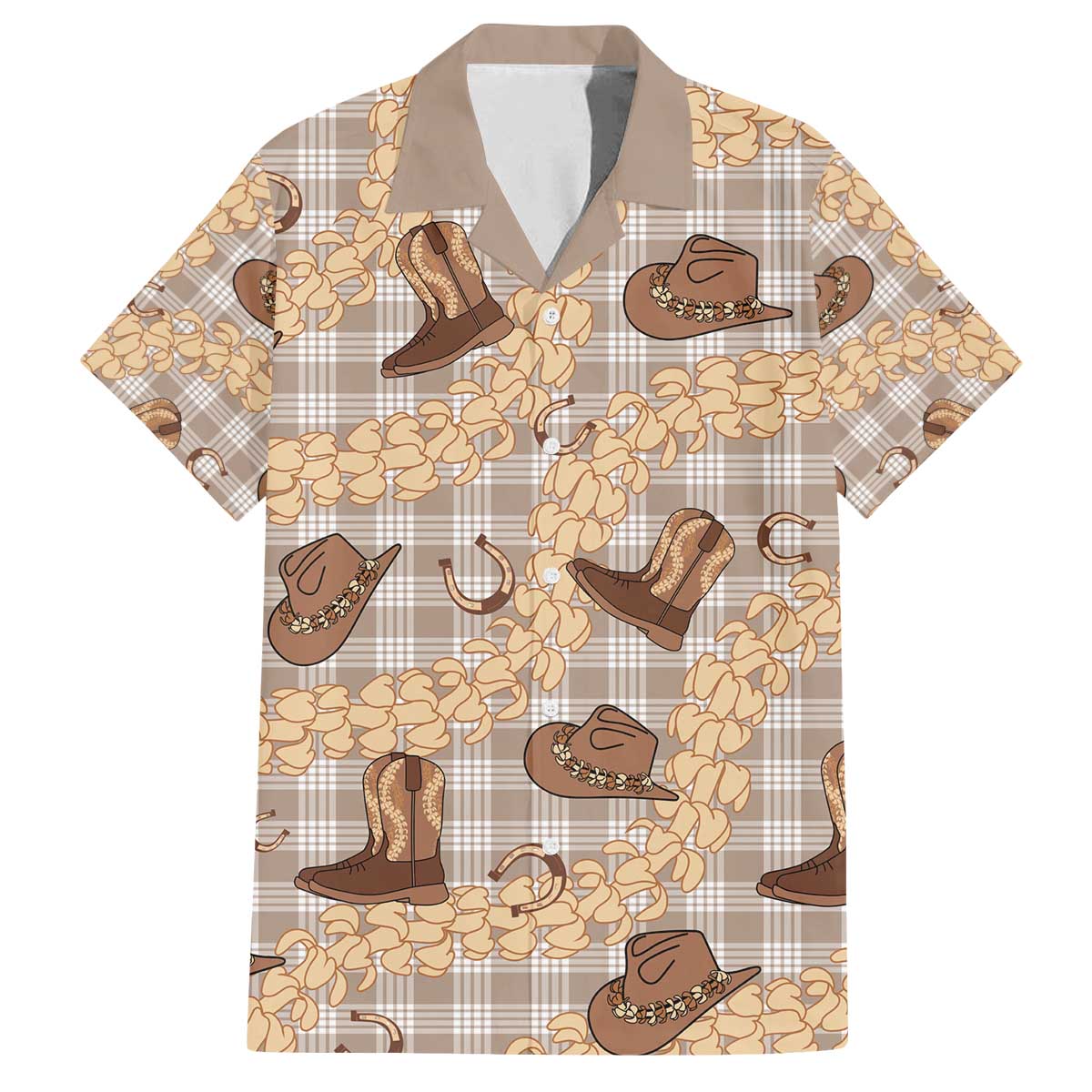 Khaki Palaka Hawaii Cowboy Family Matching Off The Shoulder Long Sleeve Dress and Hawaiian Shirt Puakenikeni Lei Paniolo Papale Seamless Vibes - Polynesian Pride