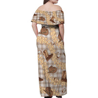 Khaki Palaka Hawaii Cowboy Family Matching Off Shoulder Maxi Dress and Hawaiian Shirt Puakenikeni Lei Paniolo Papale Seamless Vibes - Polynesian Pride