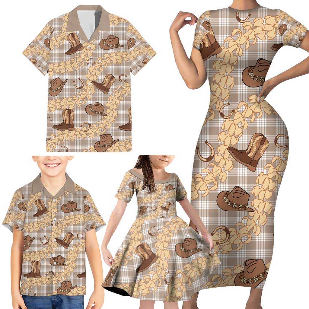 Khaki Palaka Hawaii Cowboy Family Matching Short Sleeve Bodycon Dress and Hawaiian Shirt Puakenikeni Lei Paniolo Papale Seamless Vibes - Polynesian Pride