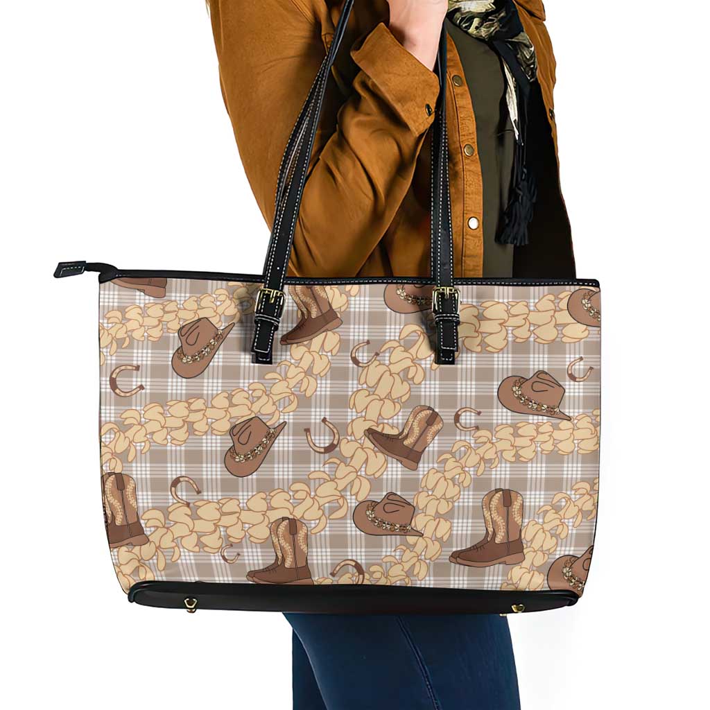 Khaki Palaka Hawaii Cowboy Leather Tote Bag Puakenikeni Lei Paniolo Papale Seamless Vibes LT14 - Polynesian Pride