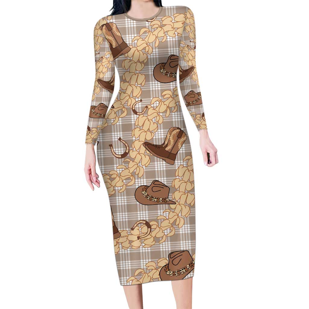 Khaki Palaka Hawaii Cowboy Long Sleeve Bodycon Dress Puakenikeni Lei Paniolo Papale Seamless Vibes - Polynesian Pride