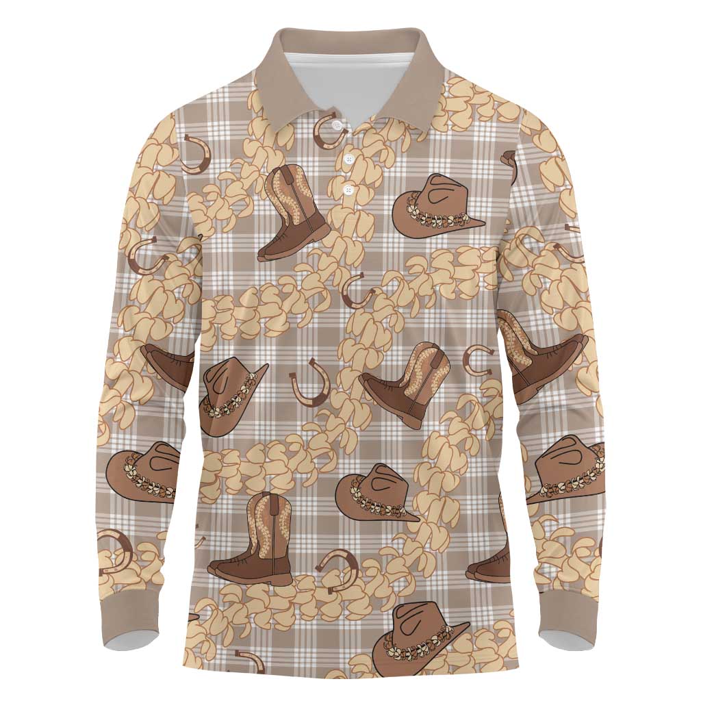 Khaki Palaka Hawaii Cowboy Long Sleeve Polo Shirt Puakenikeni Lei Paniolo Papale Seamless Vibes - Polynesian Pride