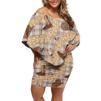 Khaki Palaka Hawaii Cowboy Off Shoulder Short Dress Puakenikeni Lei Paniolo Papale Seamless Vibes - Polynesian Pride