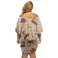 Khaki Palaka Hawaii Cowboy Off Shoulder Short Dress Puakenikeni Lei Paniolo Papale Seamless Vibes - Polynesian Pride
