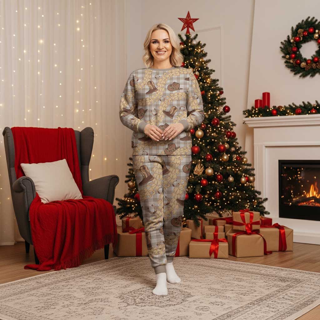 Khaki Palaka Hawaii Cowboy Christmas Pajama Set Puakenikeni Lei Paniolo Papale Seamless Vibes LT14 Women Khaki - Polynesian Pride