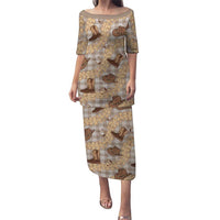 Khaki Palaka Hawaii Cowboy Puletasi Puakenikeni Lei Paniolo Papale Seamless Vibes LT14 Long Dress Khaki - Polynesian Pride