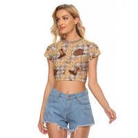 Khaki Palaka Hawaii Cowboy Raglan Cropped T Shirt Puakenikeni Lei Paniolo Papale Seamless Vibes LT14 Female Khaki - Polynesian Pride