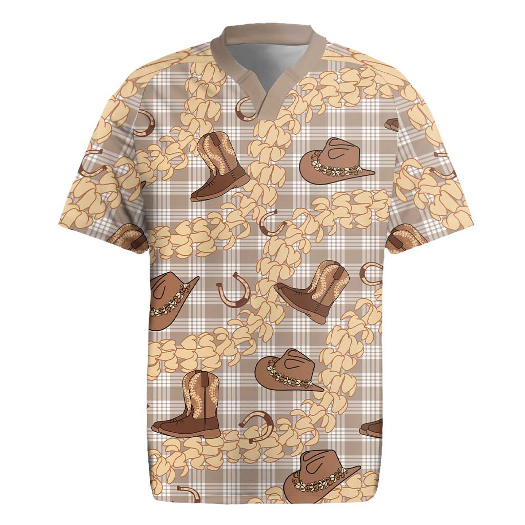 Khaki Palaka Hawaii Cowboy Rugby Jersey Puakenikeni Lei Paniolo Papale Seamless Vibes - Polynesian Pride