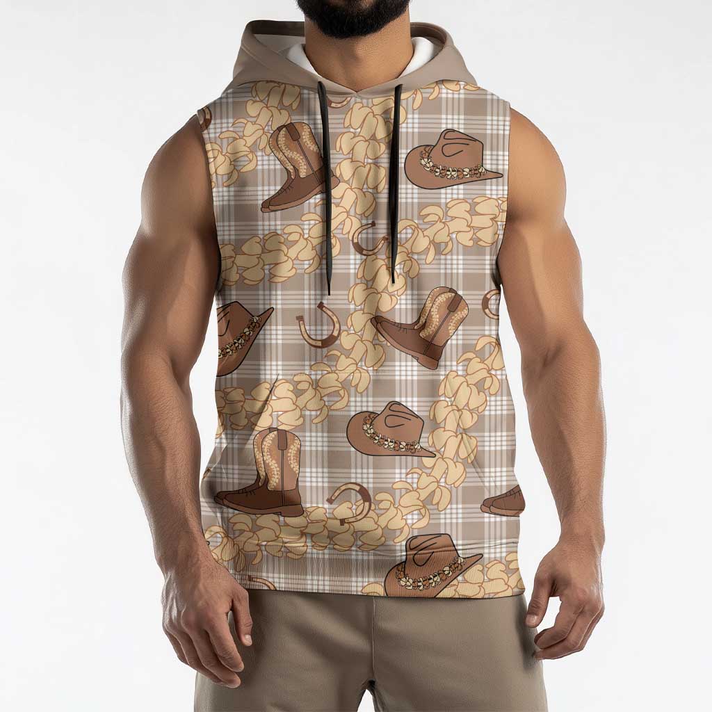 Khaki Palaka Hawaii Cowboy Sleeveless Hoodie Puakenikeni Lei Paniolo Papale Seamless Vibes - Polynesian Pride