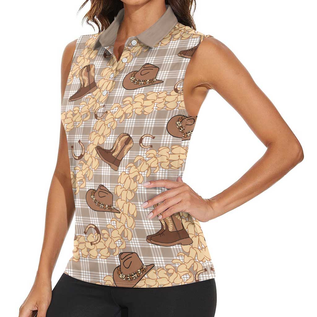 Khaki Palaka Hawaii Cowboy Women Sleeveless Polo Shirt Puakenikeni Lei Paniolo Papale Seamless Vibes - Polynesian Pride