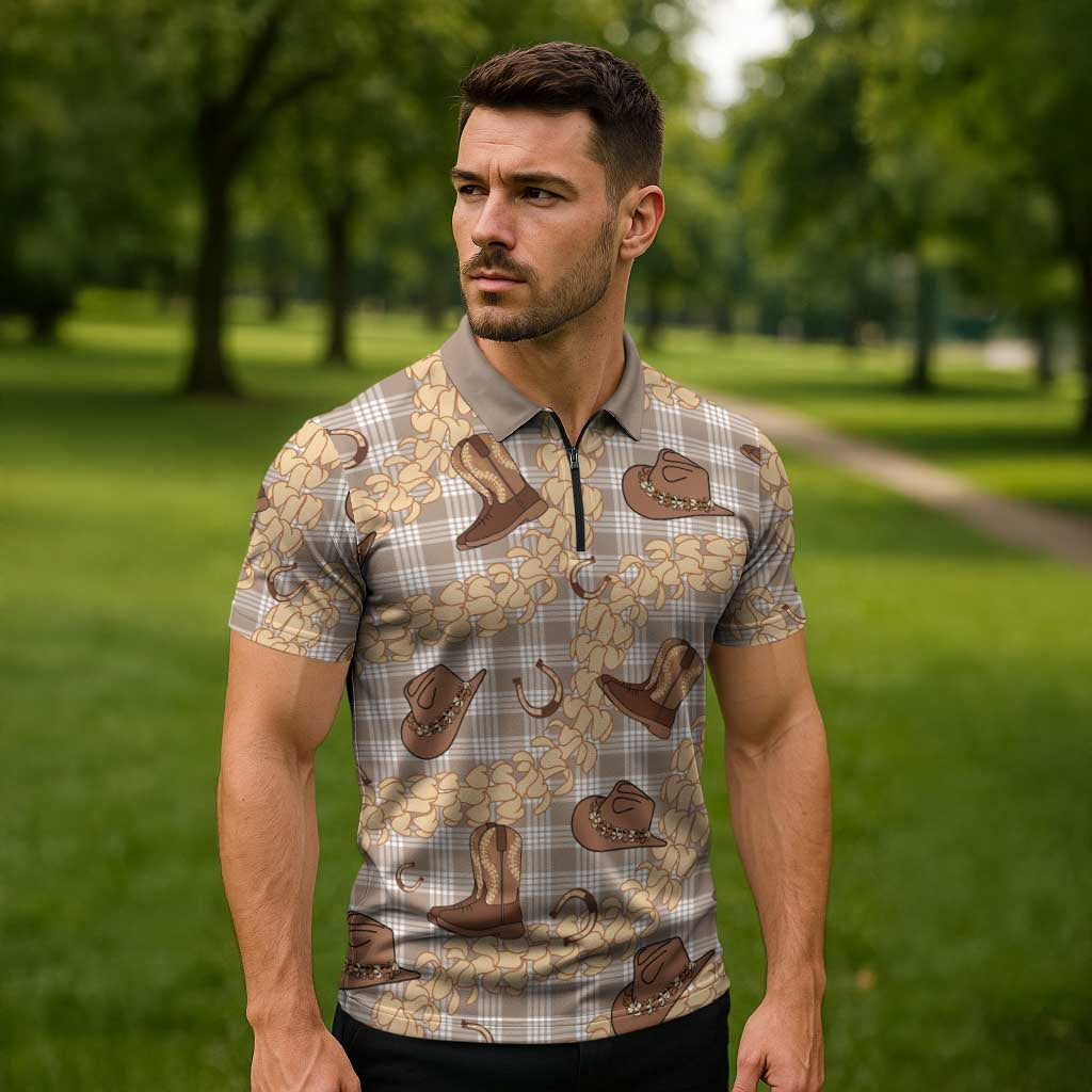 Khaki Palaka Hawaii Cowboy Zipper Polo Shirt Puakenikeni Lei Paniolo Papale Seamless Vibes - Polynesian Pride
