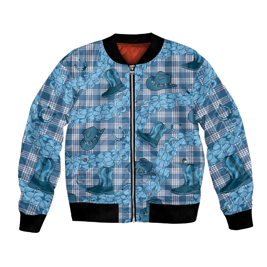 Cyan Palaka Hawaii Cowboy Bomber Jacket Puakenikeni Lei Paniolo Papale Seamless Vibes LT14 Unisex Cyan - Polynesian Pride