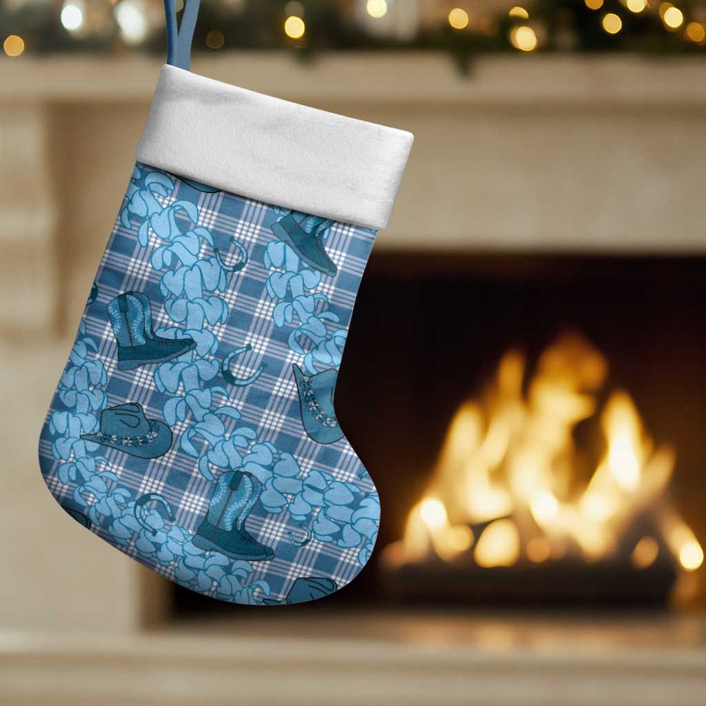 Cyan Palaka Hawaii Cowboy Christmas Stocking Puakenikeni Lei Paniolo Papale Seamless Vibes - Polynesian Pride