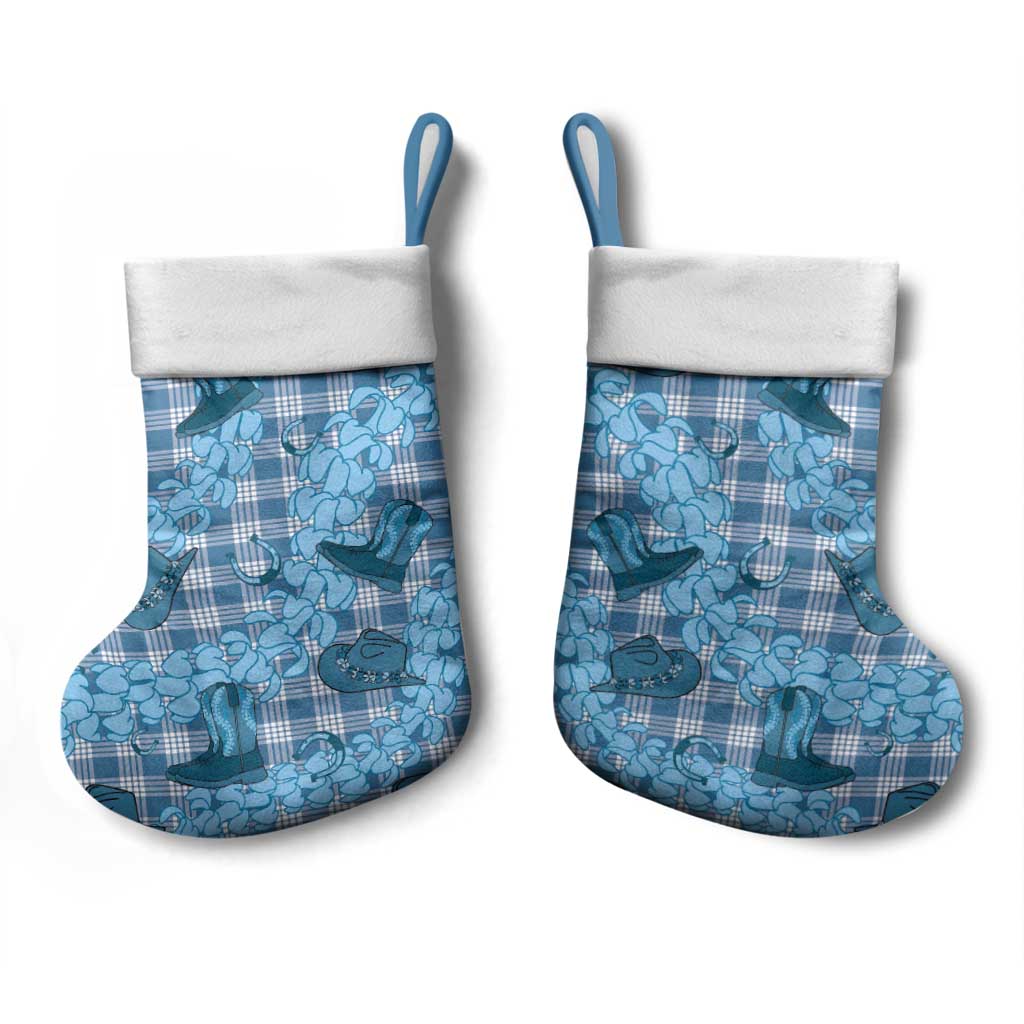Cyan Palaka Hawaii Cowboy Christmas Stocking Puakenikeni Lei Paniolo Papale Seamless Vibes - Polynesian Pride
