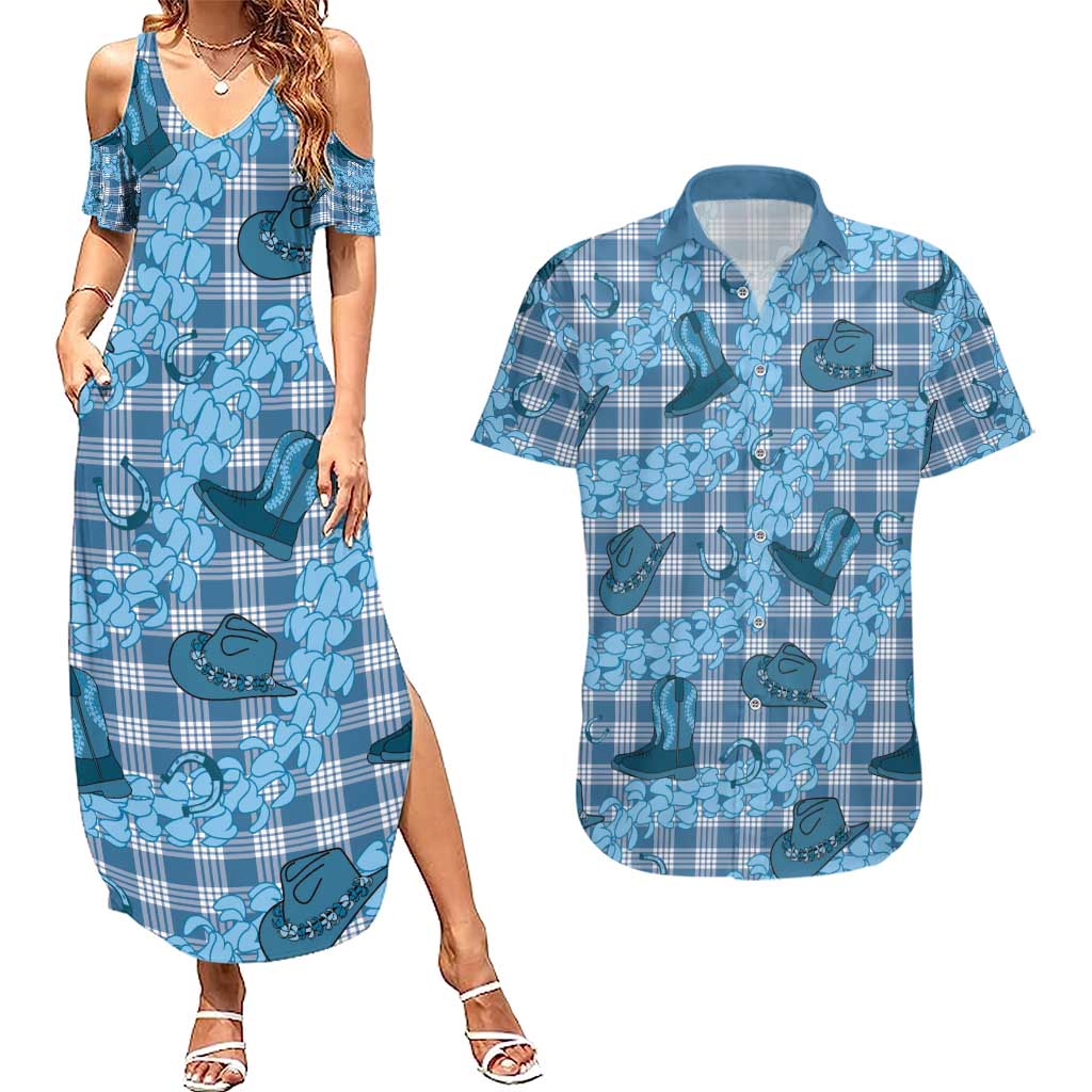 Cyan Palaka Hawaii Cowboy Couples Matching Summer Maxi Dress and Hawaiian Shirt Puakenikeni Lei Paniolo Papale Seamless Vibes - Polynesian Pride