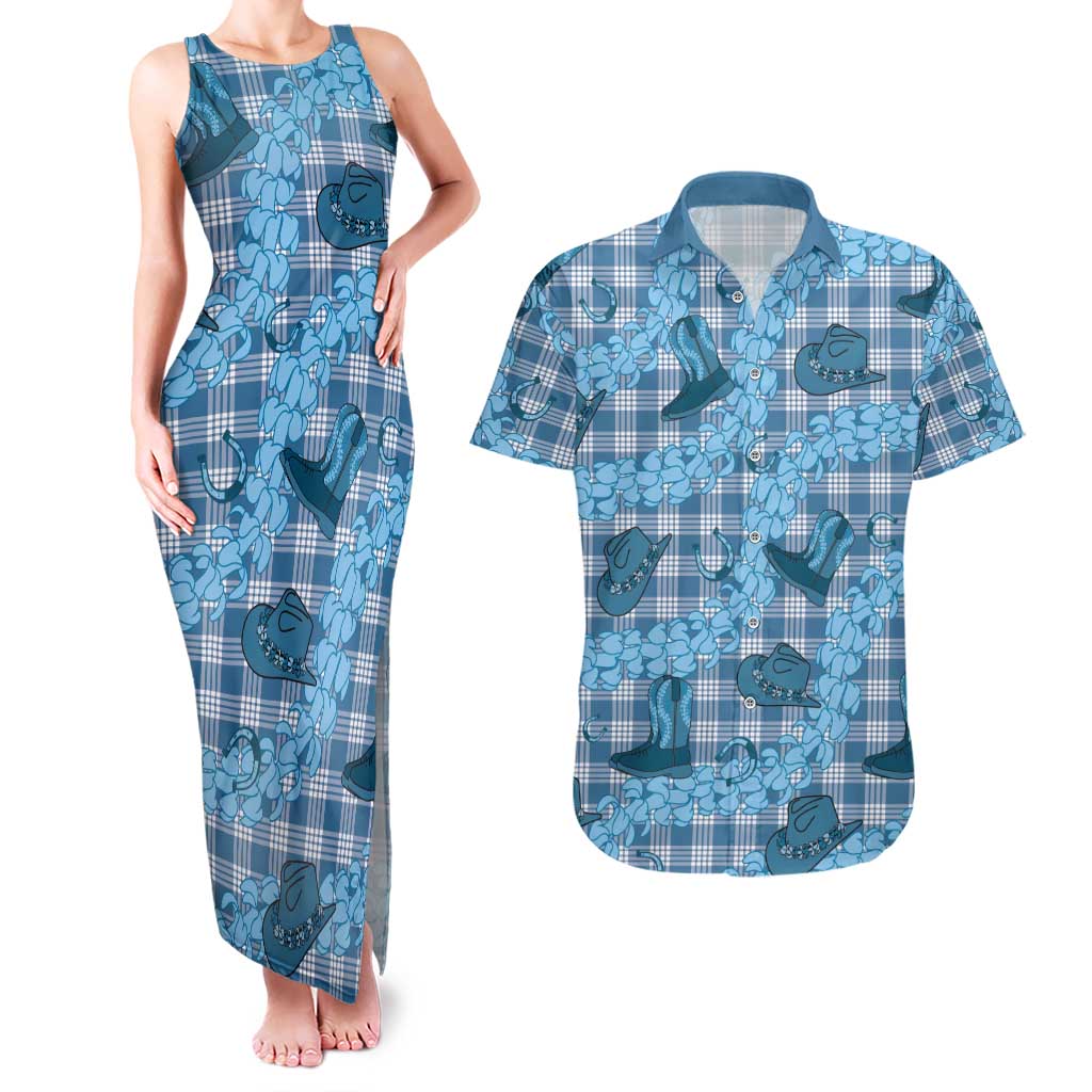 Cyan Palaka Hawaii Cowboy Couples Matching Tank Maxi Dress and Hawaiian Shirt Puakenikeni Lei Paniolo Papale Seamless Vibes - Polynesian Pride