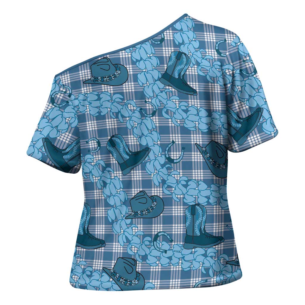 Cyan Palaka Hawaii Cowboy Cross Shoulder Shirt Puakenikeni Lei Paniolo Papale Seamless Vibes - Polynesian Pride