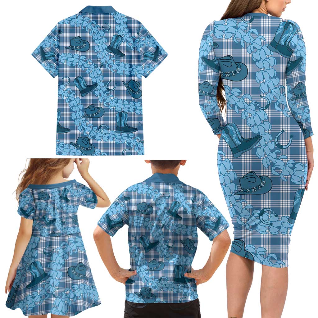 Cyan Palaka Hawaii Cowboy Family Matching Long Sleeve Bodycon Dress and Hawaiian Shirt Puakenikeni Lei Paniolo Papale Seamless Vibes - Polynesian Pride