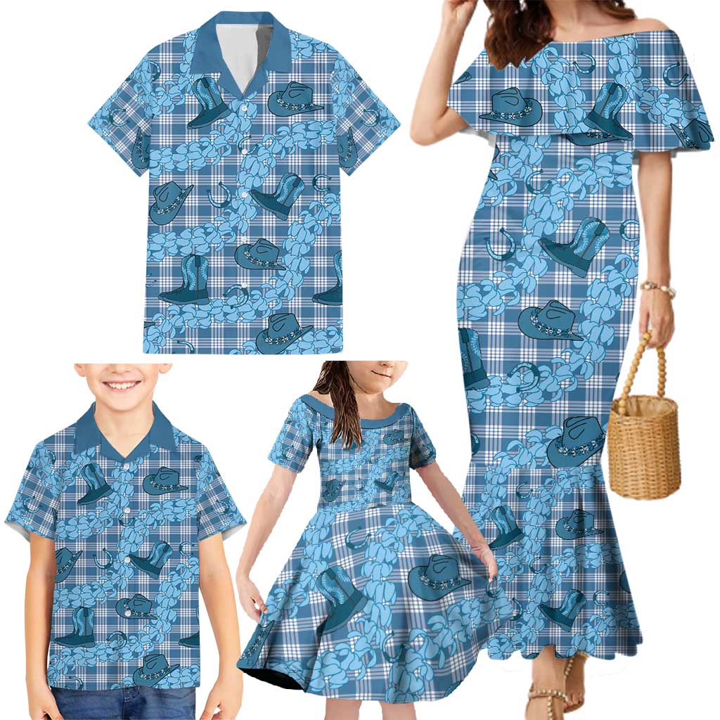 Cyan Palaka Hawaii Cowboy Family Matching Mermaid Dress and Hawaiian Shirt Puakenikeni Lei Paniolo Papale Seamless Vibes - Polynesian Pride
