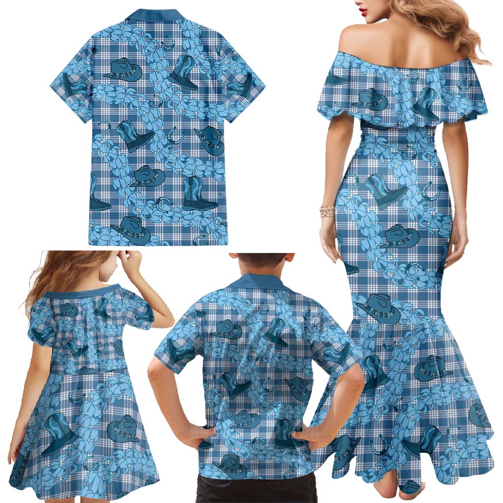 Cyan Palaka Hawaii Cowboy Family Matching Mermaid Dress and Hawaiian Shirt Puakenikeni Lei Paniolo Papale Seamless Vibes - Polynesian Pride