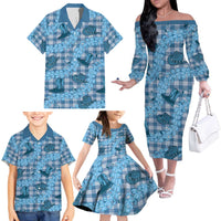 Cyan Palaka Hawaii Cowboy Family Matching Off The Shoulder Long Sleeve Dress and Hawaiian Shirt Puakenikeni Lei Paniolo Papale Seamless Vibes - Polynesian Pride