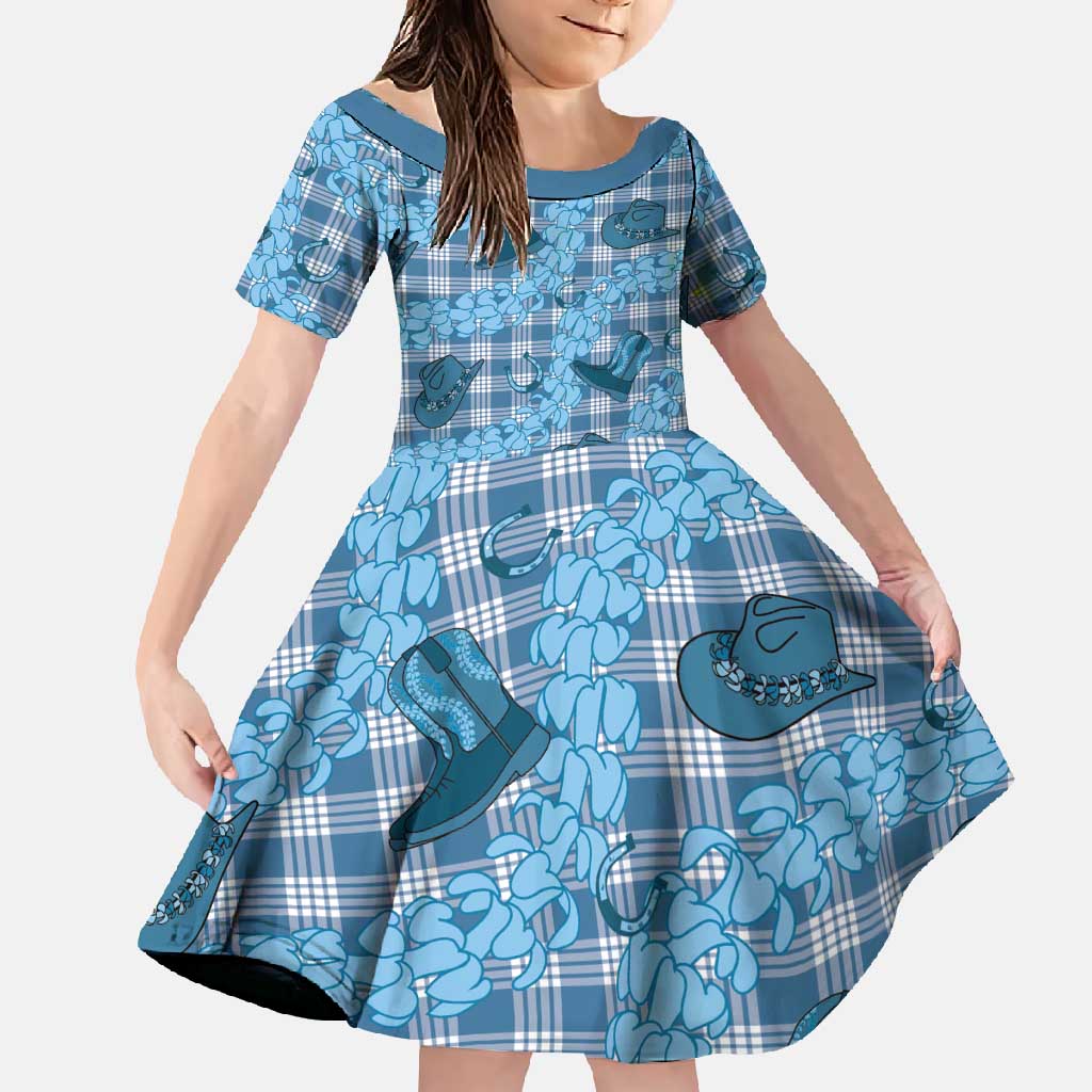 Cyan Palaka Hawaii Cowboy Family Matching Off Shoulder Maxi Dress and Hawaiian Shirt Puakenikeni Lei Paniolo Papale Seamless Vibes - Polynesian Pride