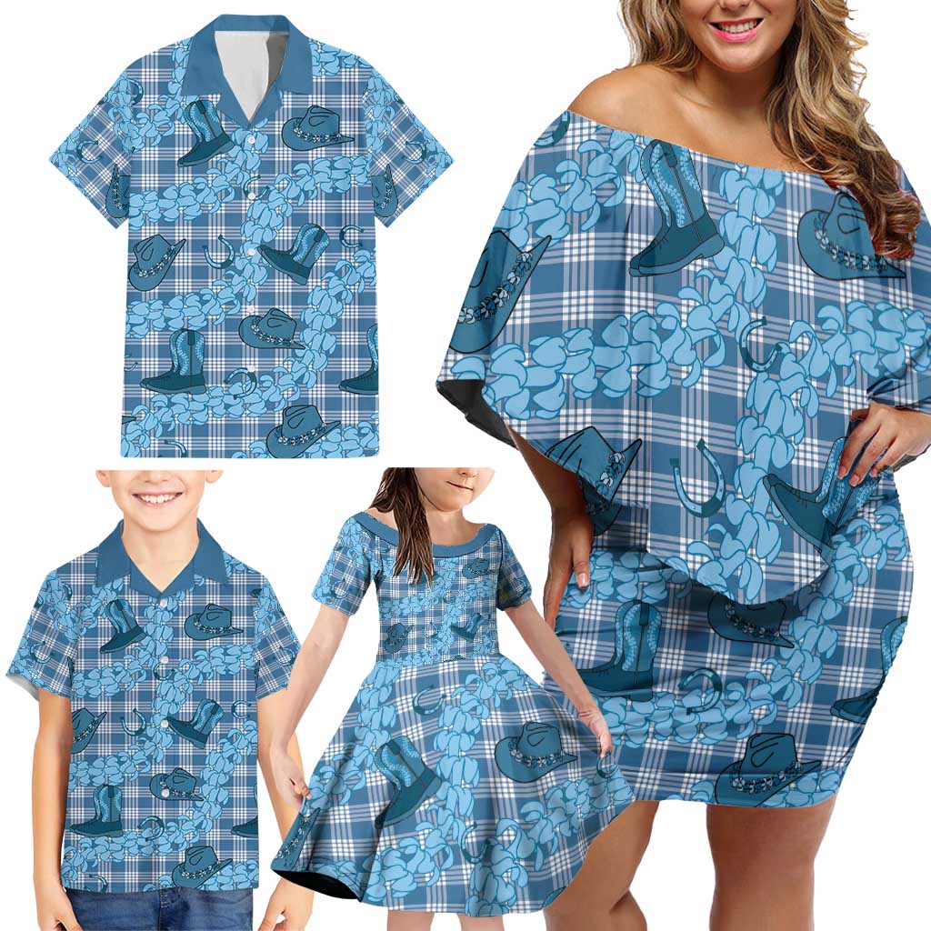 Cyan Palaka Hawaii Cowboy Family Matching Off Shoulder Short Dress and Hawaiian Shirt Puakenikeni Lei Paniolo Papale Seamless Vibes - Polynesian Pride
