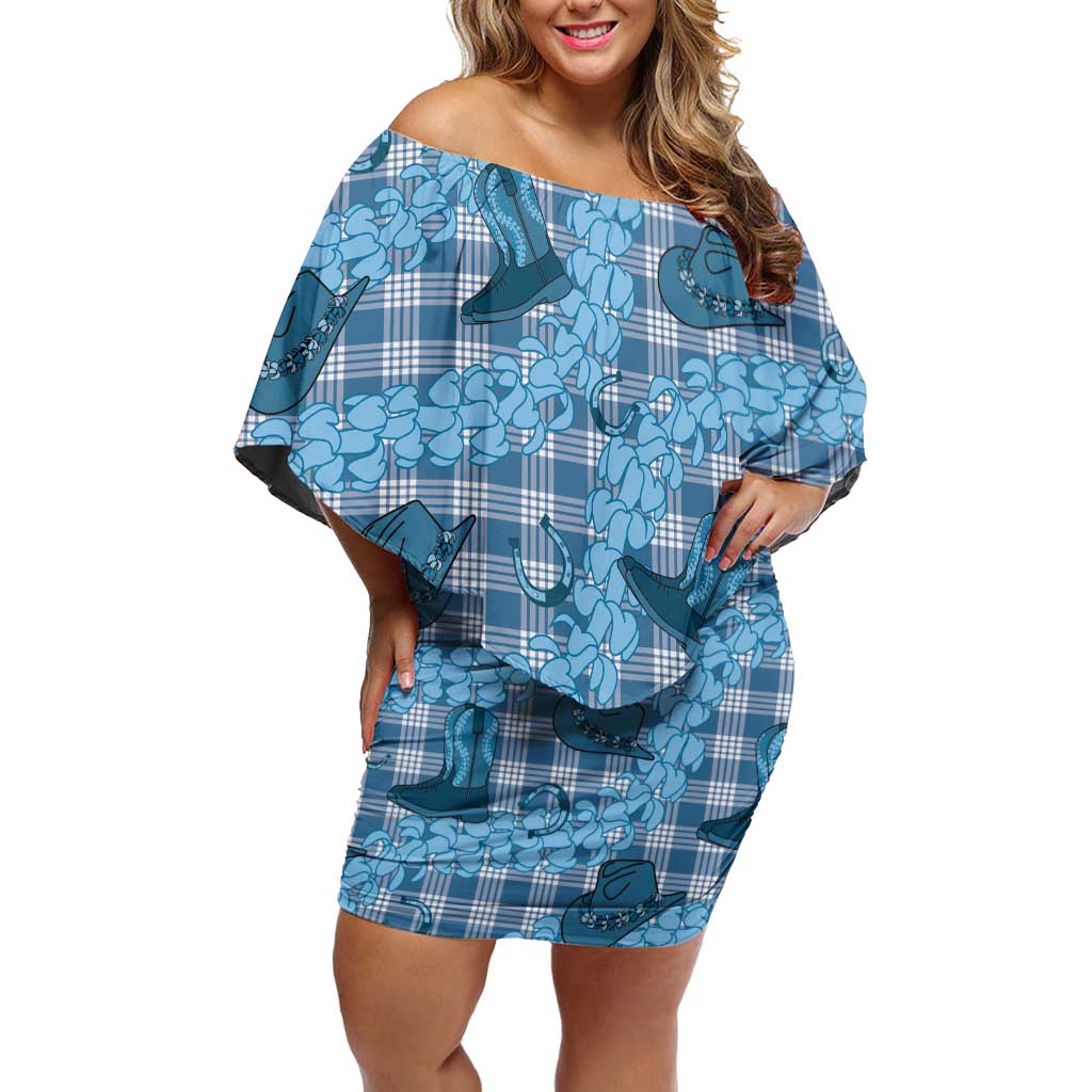 Cyan Palaka Hawaii Cowboy Family Matching Off Shoulder Short Dress and Hawaiian Shirt Puakenikeni Lei Paniolo Papale Seamless Vibes - Polynesian Pride