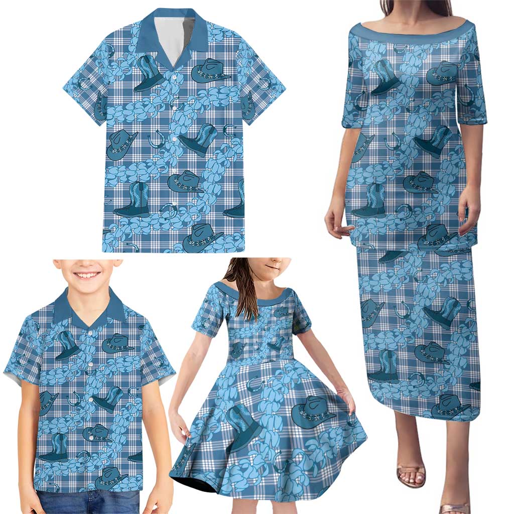Cyan Palaka Hawaii Cowboy Family Matching Puletasi and Hawaiian Shirt Puakenikeni Lei Paniolo Papale Seamless Vibes - Polynesian Pride