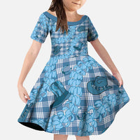 Cyan Palaka Hawaii Cowboy Family Matching Short Sleeve Bodycon Dress and Hawaiian Shirt Puakenikeni Lei Paniolo Papale Seamless Vibes - Polynesian Pride