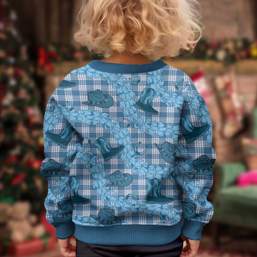Cyan Palaka Hawaii Cowboy Kid Ugly Christmas Sweater Puakenikeni Lei Paniolo Papale Seamless Vibes - Polynesian Pride