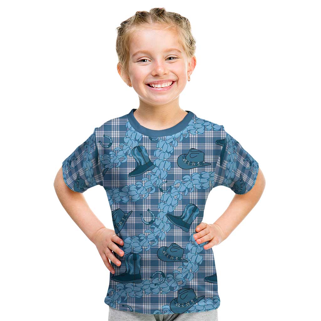 Cyan Palaka Hawaii Cowboy Kid T Shirt Puakenikeni Lei Paniolo Papale Seamless Vibes LT14 Cyan - Polynesian Pride
