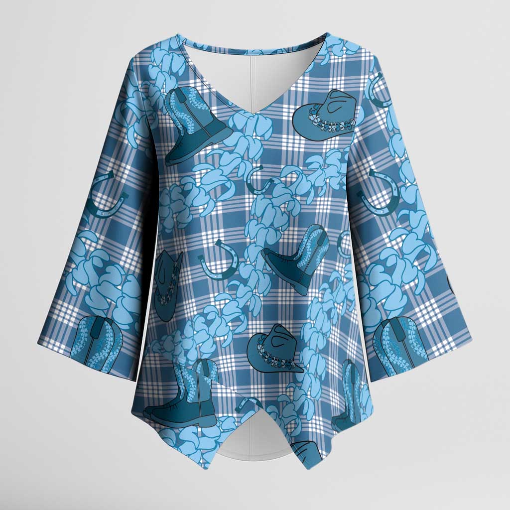 Cyan Palaka Hawaii Cowboy Kimono Sleeve Blouse Puakenikeni Lei Paniolo Papale Seamless Vibes - Polynesian Pride